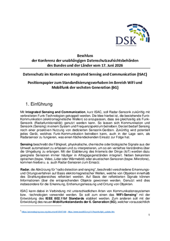 Positionspapier der DSK vom 17. Juni 2026 zum Standardisierungsvorhaben im Bereich WiFi und Mobilfunk der sechsten Generation (6G)